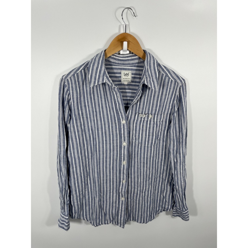 Lee‎ Womens Linen Blend Button Up S Blue White Stripe Resort Euro Summer Beach